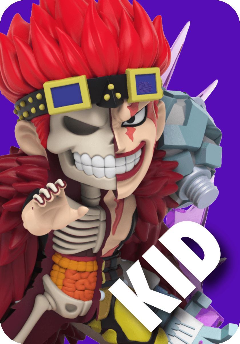 Kid figure, half-skeletal, red spiky hair held up my studded headband, metal arm, smirking against a purple background.