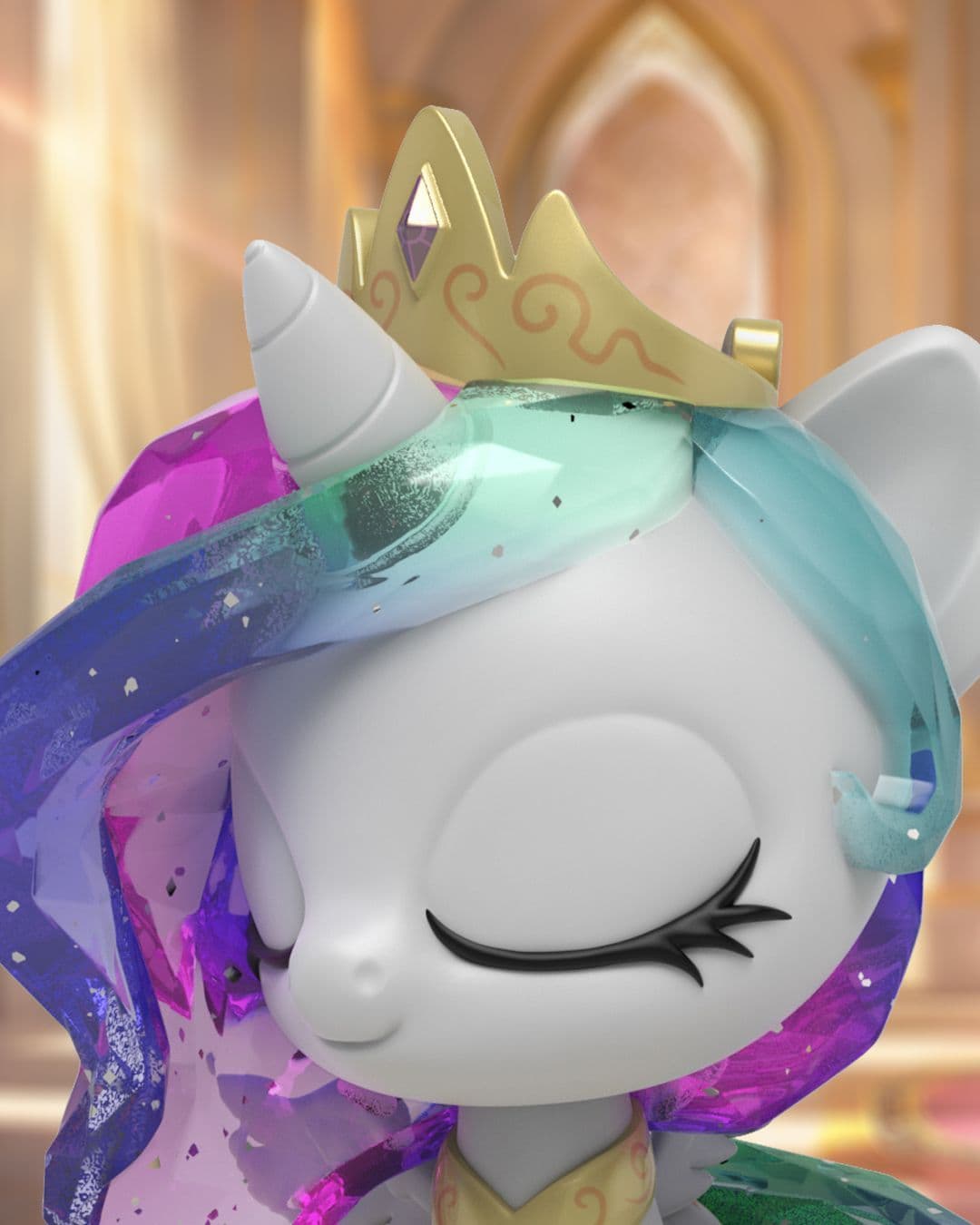 Three quarter close up view of Princess Celestia with gold crown, closed eyes, and translucent hair in varied purple hues.