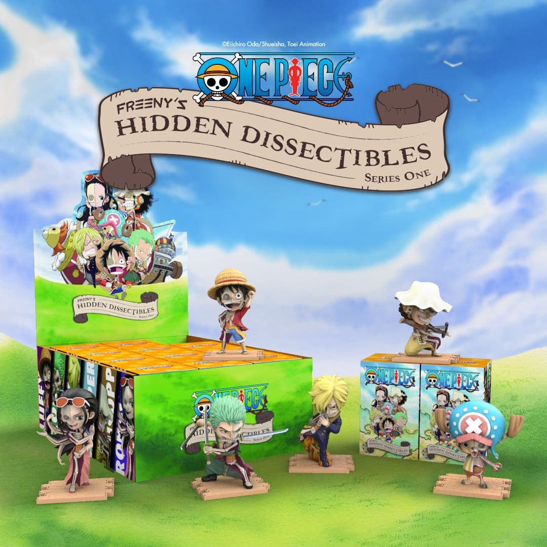 Freeny’s Hidden Dissectibles One Piece blind box collection featuring Luffy, Zoro, Sanji, Chopper, Robin, and Usopp figures.