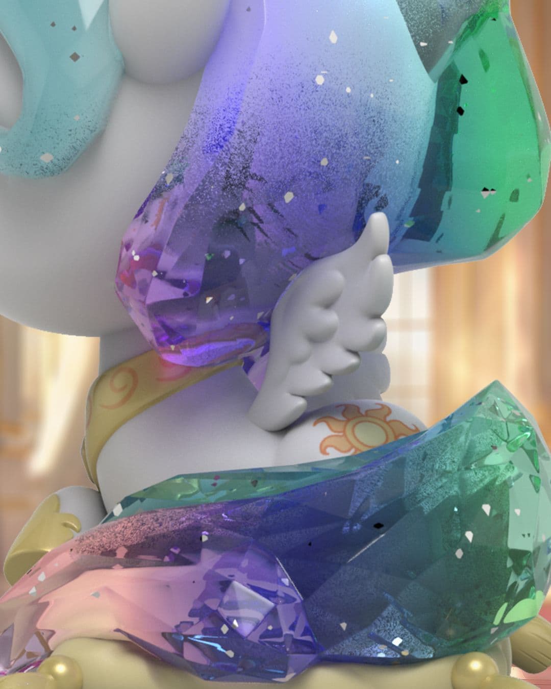 Rear view of Princess Celestia with blue and purple kwistal accents, sun mark, white body, and small white wings.