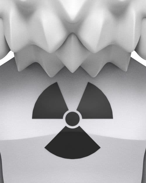 Black radiation symbol printed on the back of Doc Brown’s white suit.