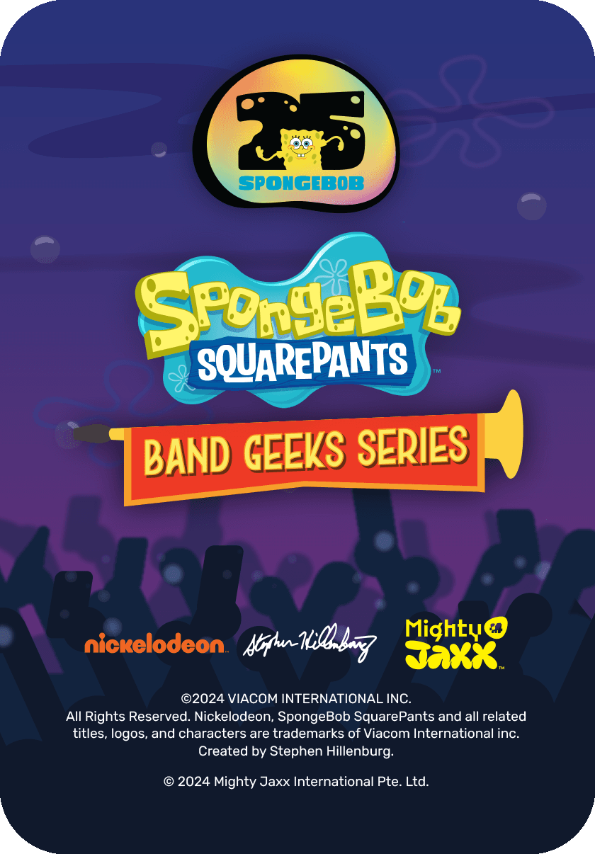 Back of Band Geeks Series insert card with SpongeBob 25th Anniversary branding and Nickelodeon plus Mighty Jaxx logos.