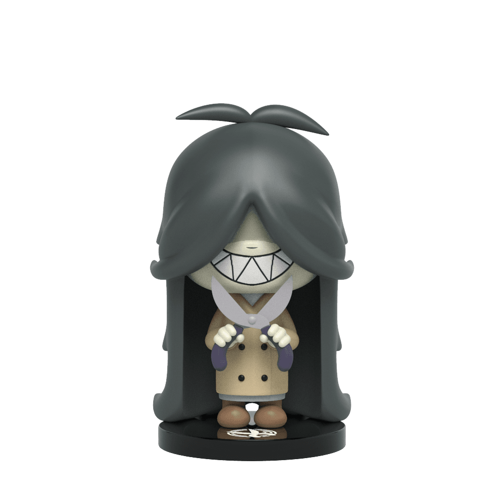 Souichi Tsujii figure with long dark hair, wearing a trench coat, holding shears, with a wide, toothy grin on a black stand.