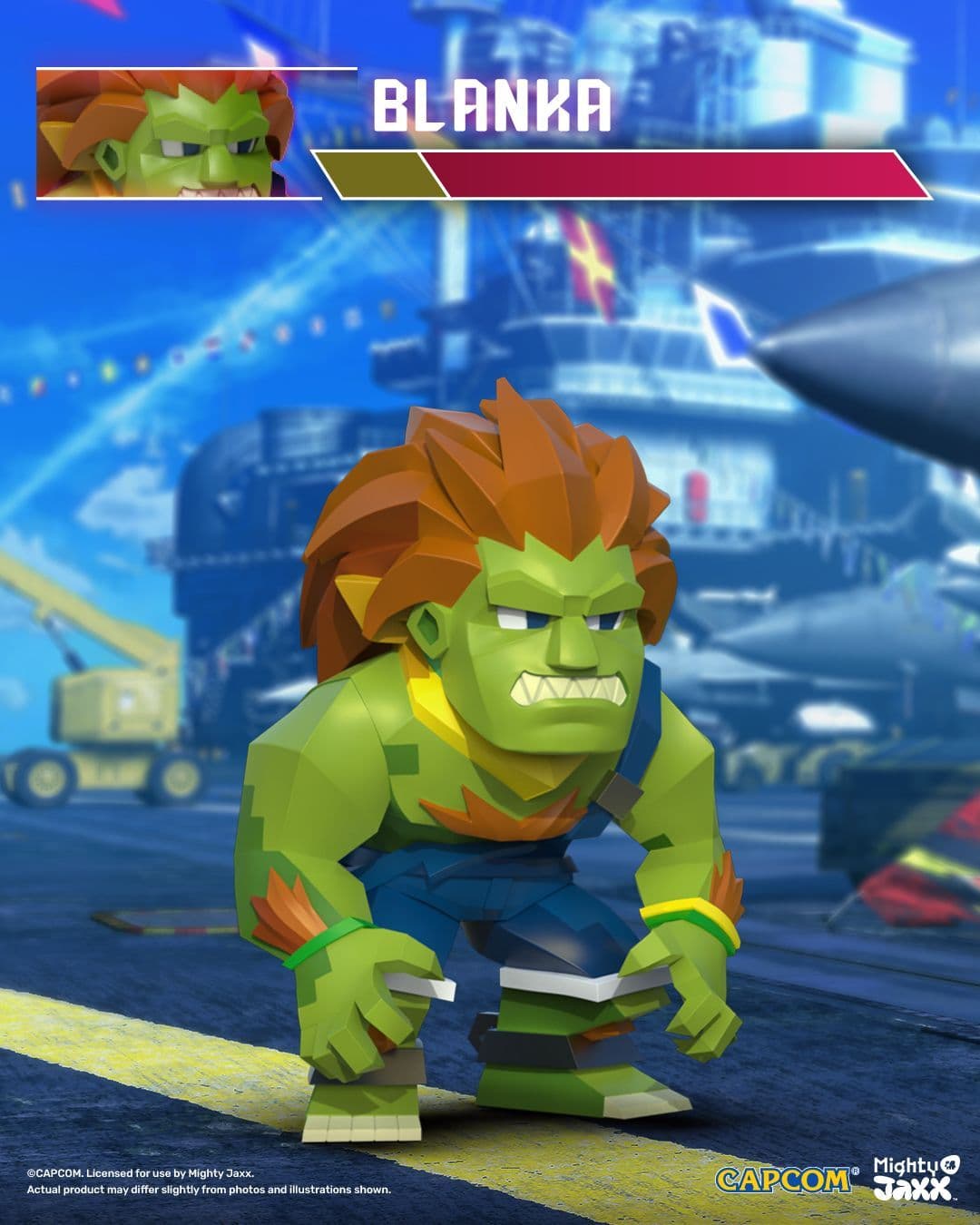 Blanka figure with gritted teeth crouched in attack pose, green skin glowing with orange hair flaring upward.