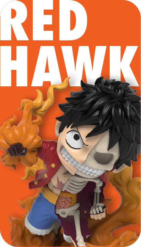 Red Hawk Luffy figure, half normal half skeletal, raising his flaming right fist in a fierce attack pose surrounded by fire