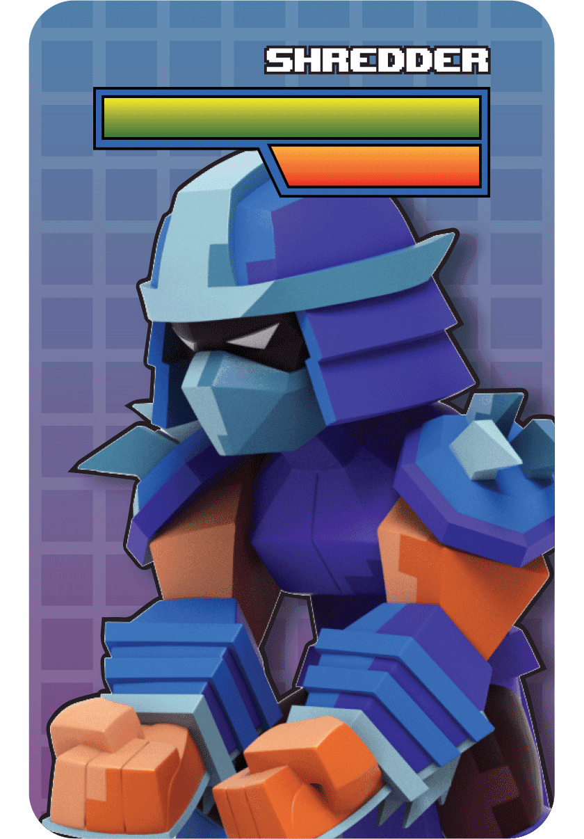 Pixelated Shredder blind box figurine in blue armor with spiked gauntlets, standing ready on a retro arcade backdrop.