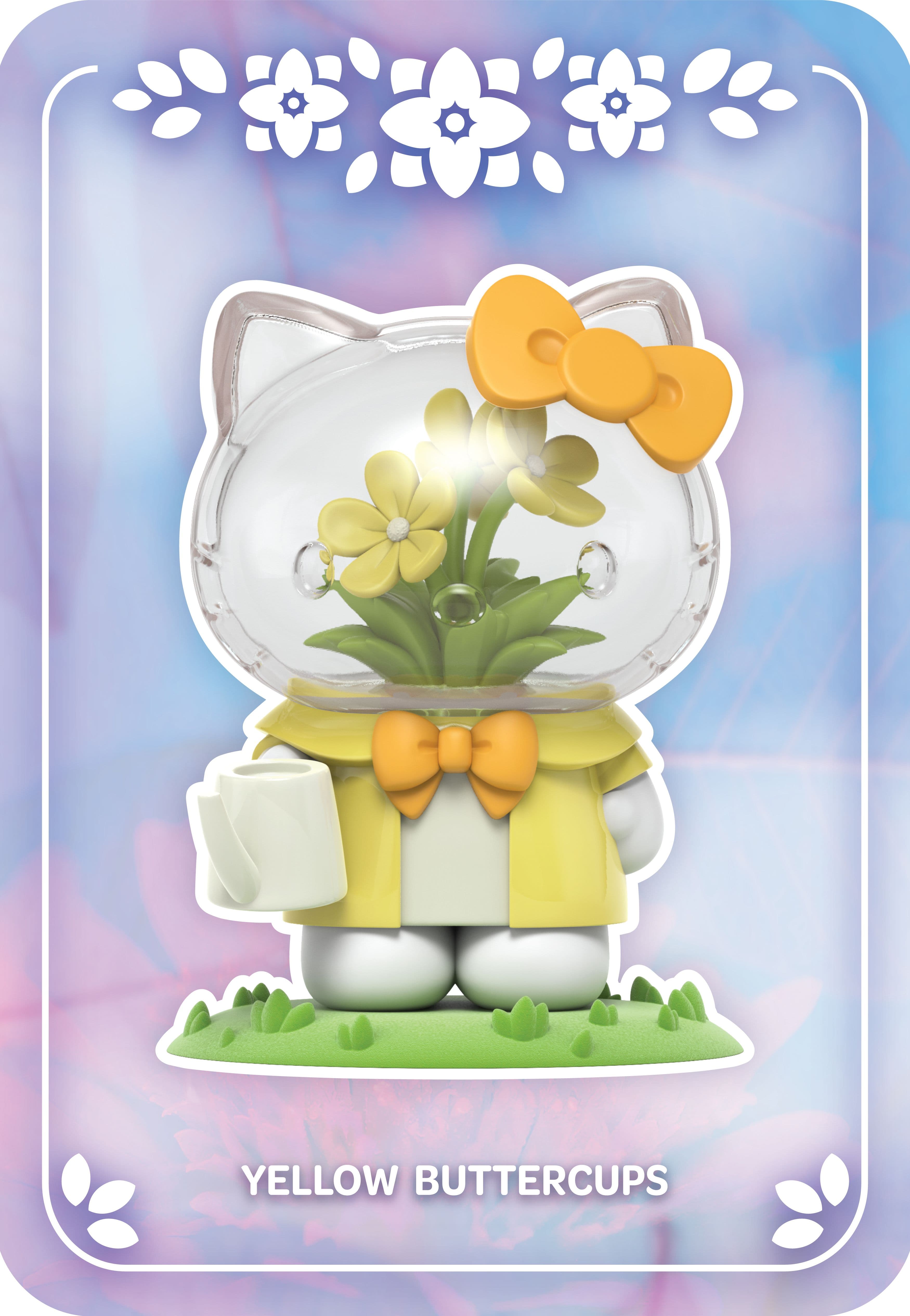 Hello Kitty figure with yellow buttercups inside a clear head, wearing a yellow cardigan and holding a white cup.