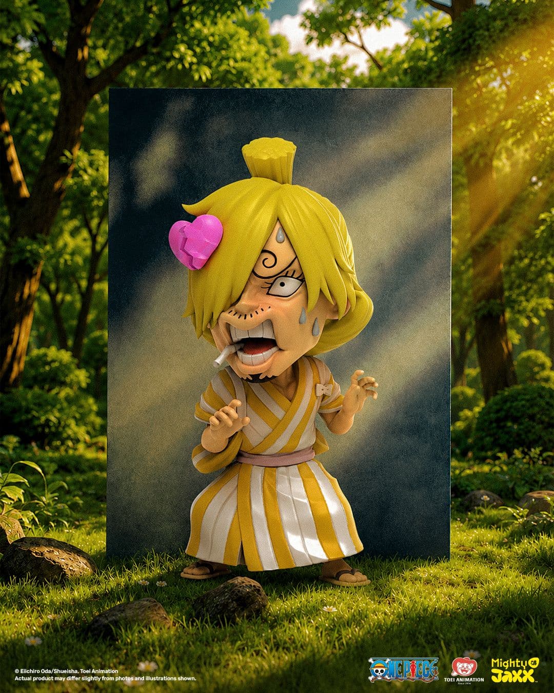 Collectible Sanji figure looking flustered with a heart over one eye, cigarette in mouth, yellow striped kimono robe.