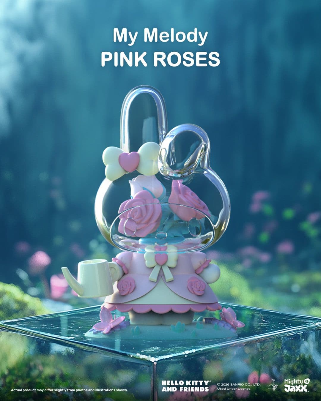 My Melody Pink Roses figure by Mighty Jaxx, featuring a clear head filled with pink roses and holding a watering can.