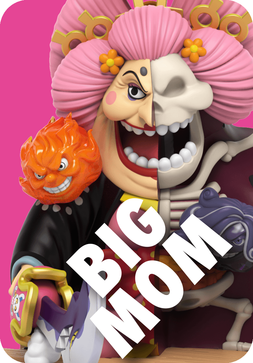 Big Mom figure, half-skeletal, with pink hair, fiery homies, red lips and wide grin against pink background.