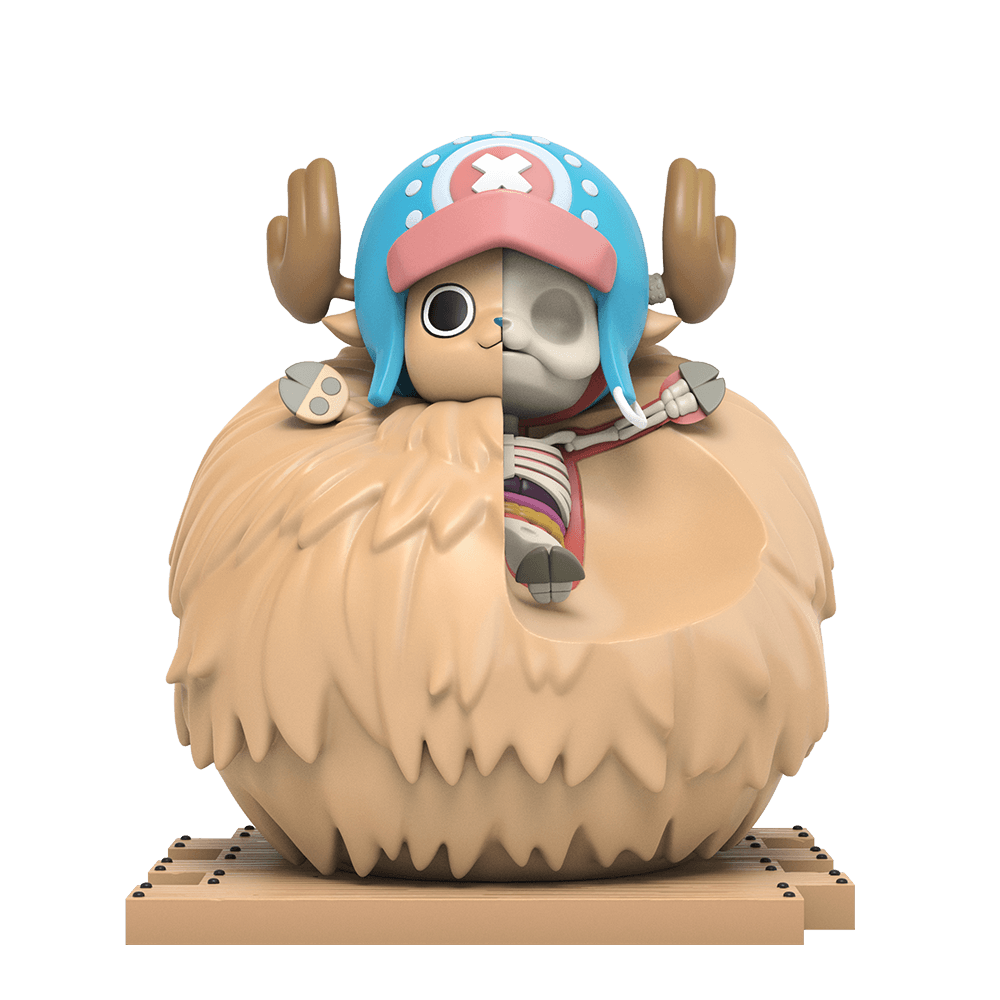 Chopper figurine peeking from a huge ball of tan fur; right half reveals skull, skeleton, and organs.
