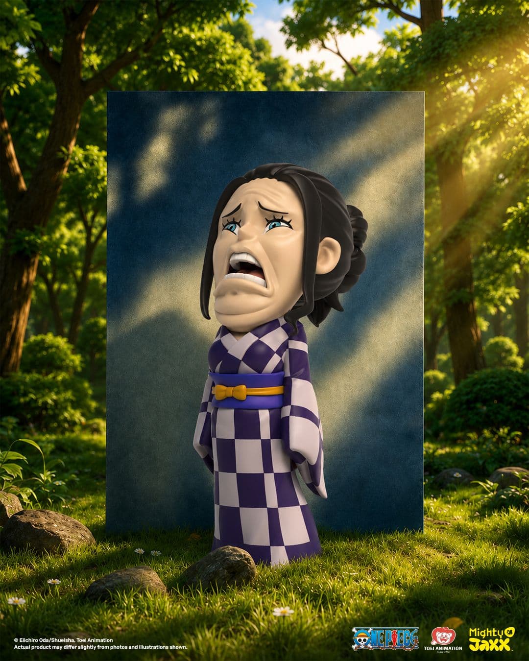 Collectible Robin figure with an oversized head from her Devil Fruit power, anguished look, purple checkered kimono outfit.
