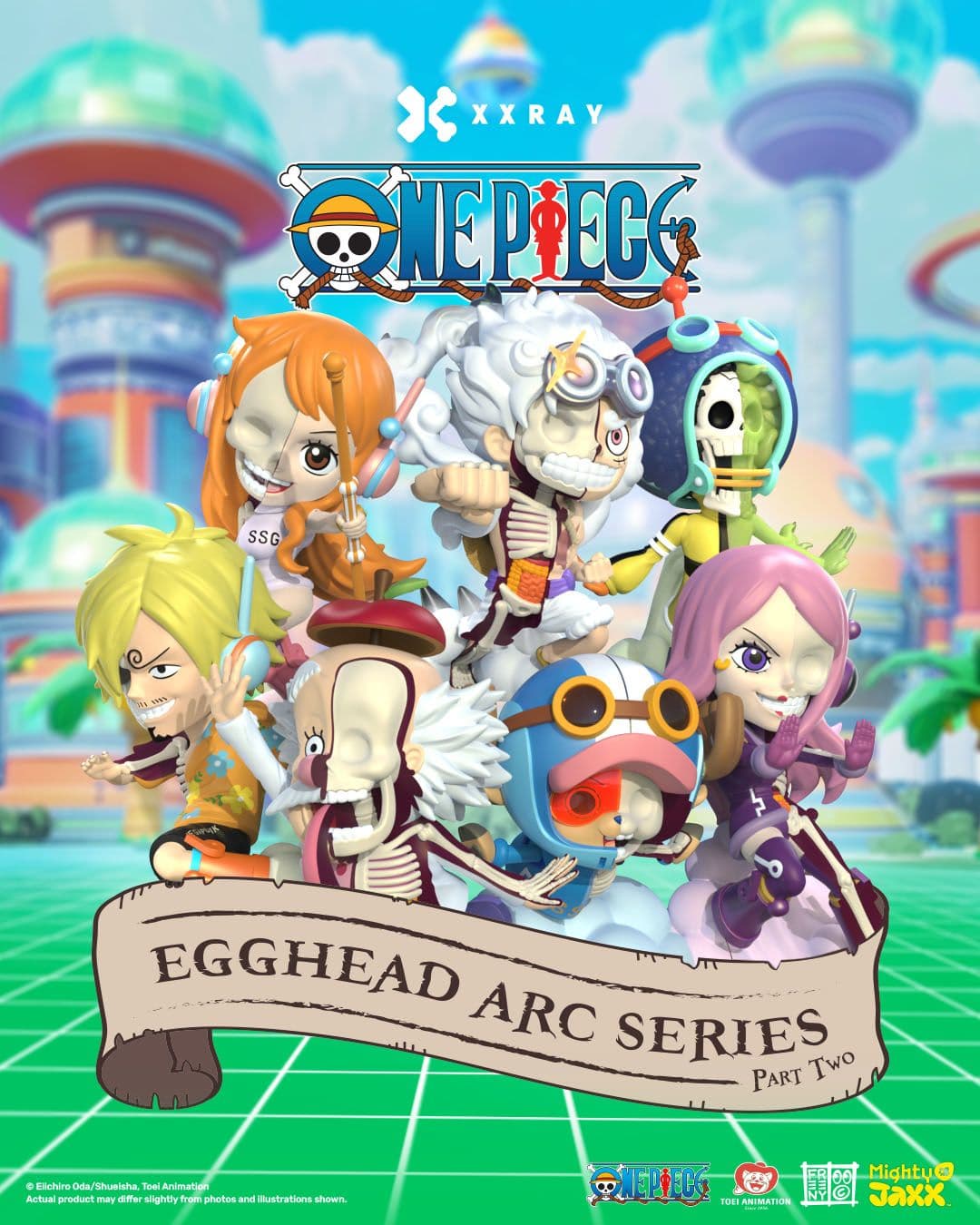 Mighty Jaxx XXRAY One Piece Egghead Arc Part Two figures, featuring half-dissected Luffy, Nami, and other characters.