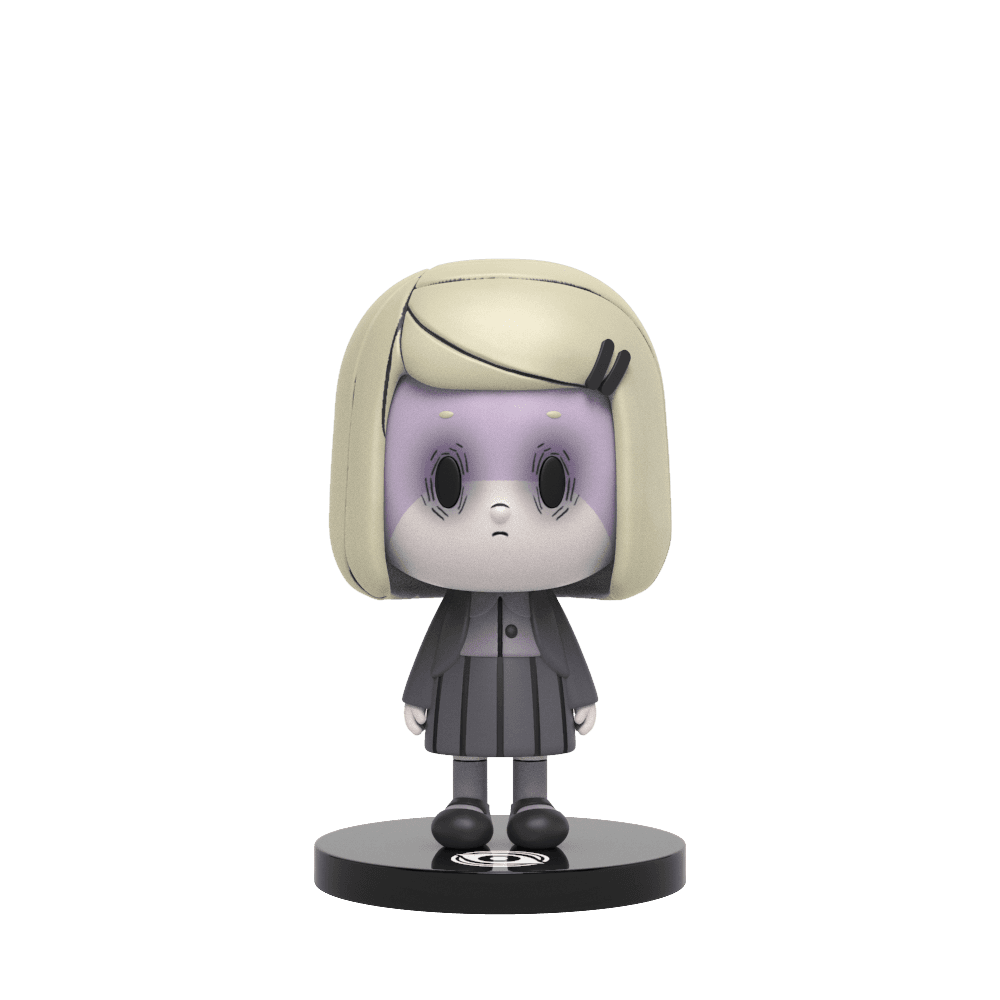 Vinyl figure of a girl with pale skin, blonde bob haircut, wearing a grey school uniform, standing on a black base.