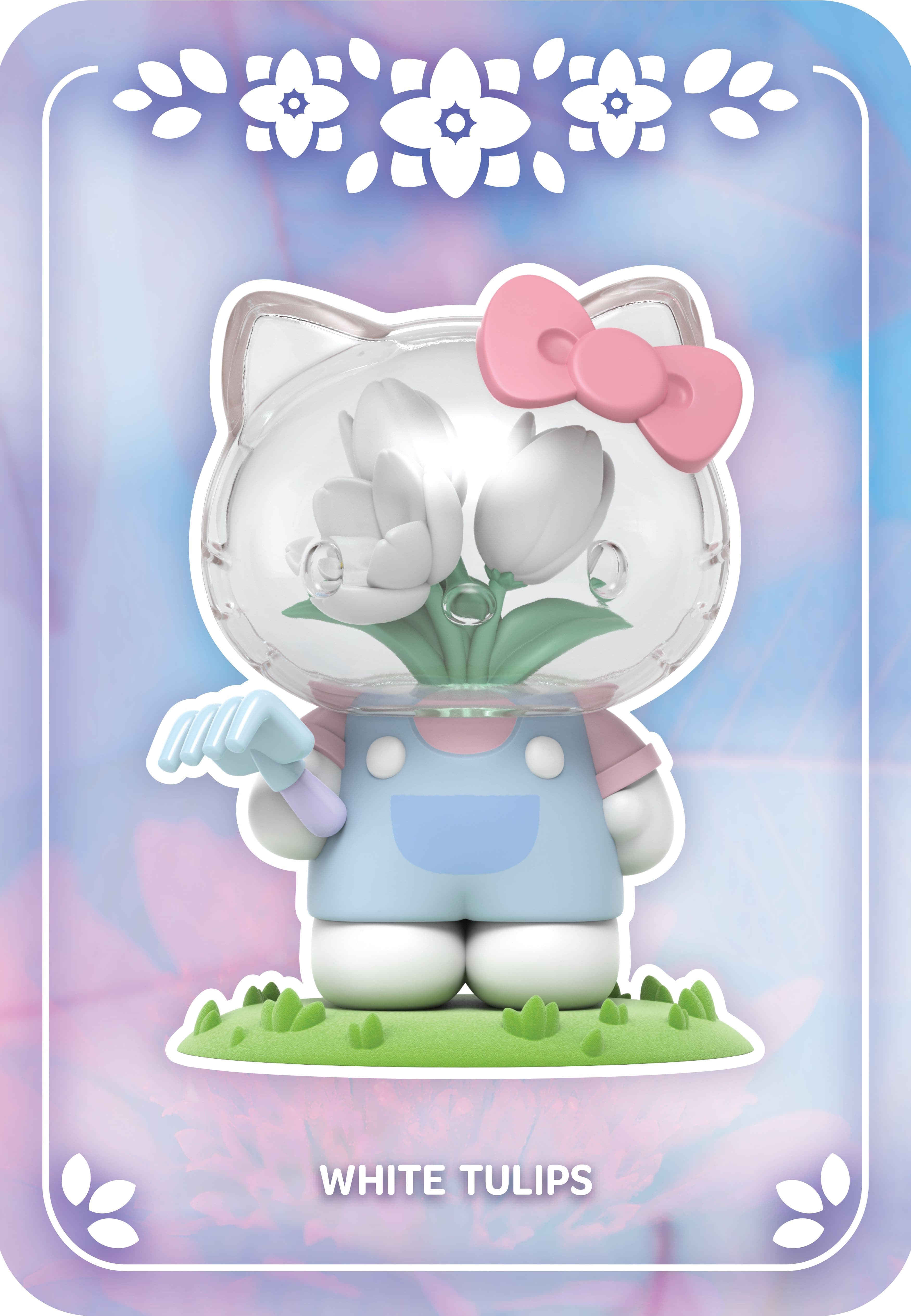 Hello Kitty with white tulips inside a clear head, wearing blue overalls and holding a gardening tool.