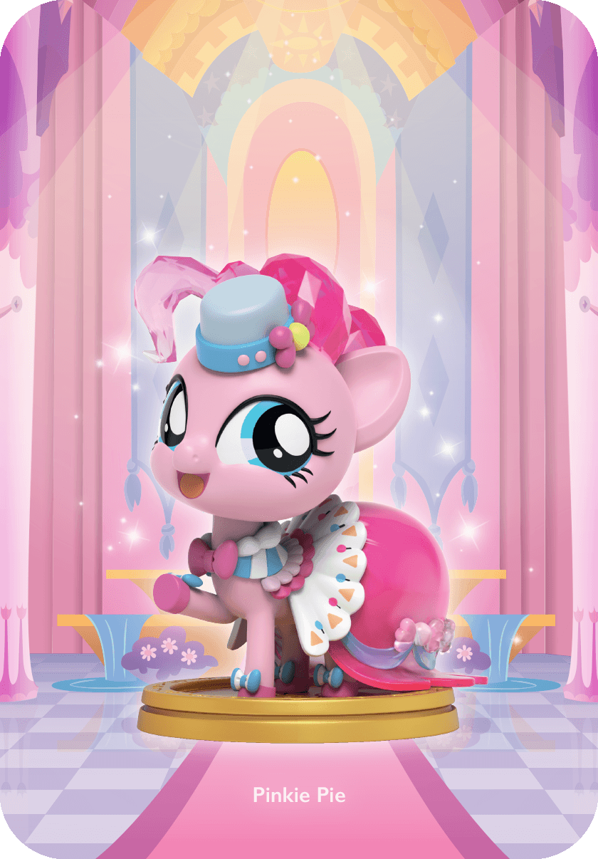 Pinkie Pie figure in a frilly pink gala dress with a pink bow and blue hat, standing on a gold base.