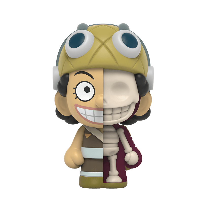 Usopp figure from Mighty Jaxx, featuring a half-dissected skeletal anatomy design.