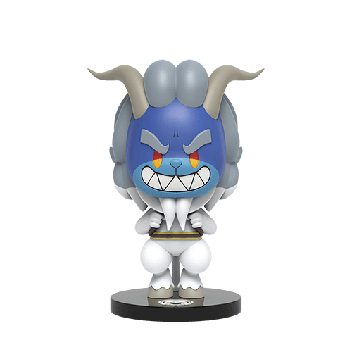Grim Keeper vinyl figure with a blue face, grey hair and horns, orange eyes, and bared teeth, standing on a black base.