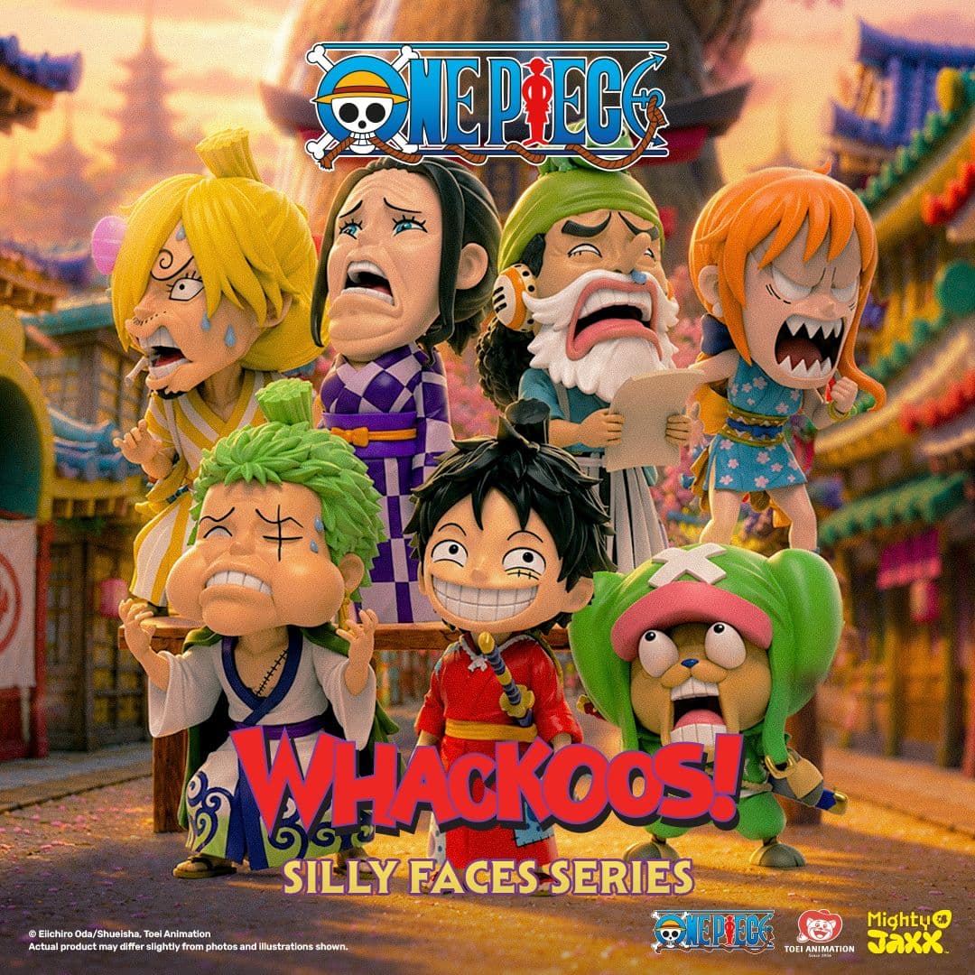 One Piece Whackoos Silly Faces Series figures: Luffy, Zoro, Nami, Chopper, Robin, Sanji, Brook with exaggerated expressions