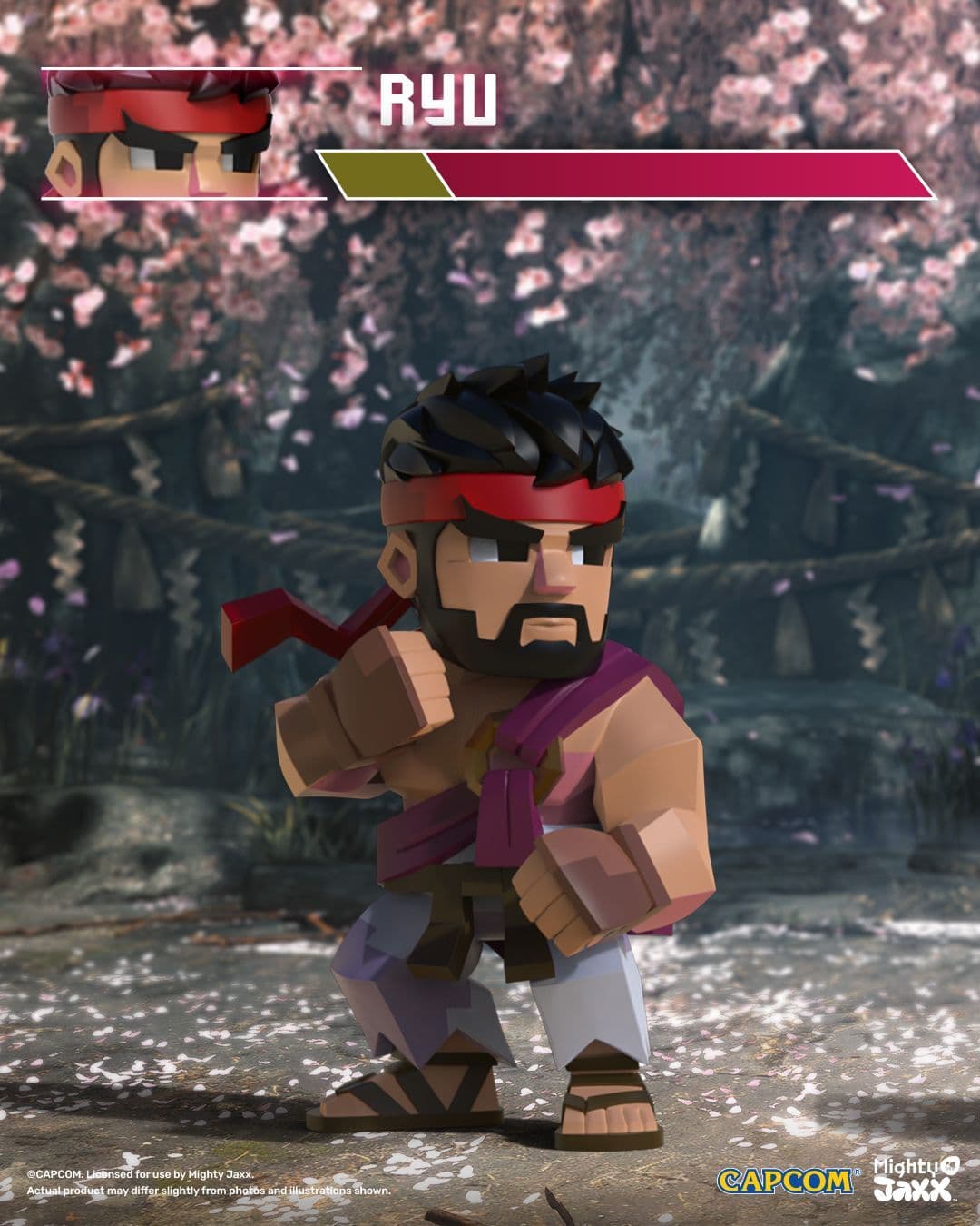 Ryu figure in fighting stance with red headband flowing, standing beneath blooming cherry blossom trees.