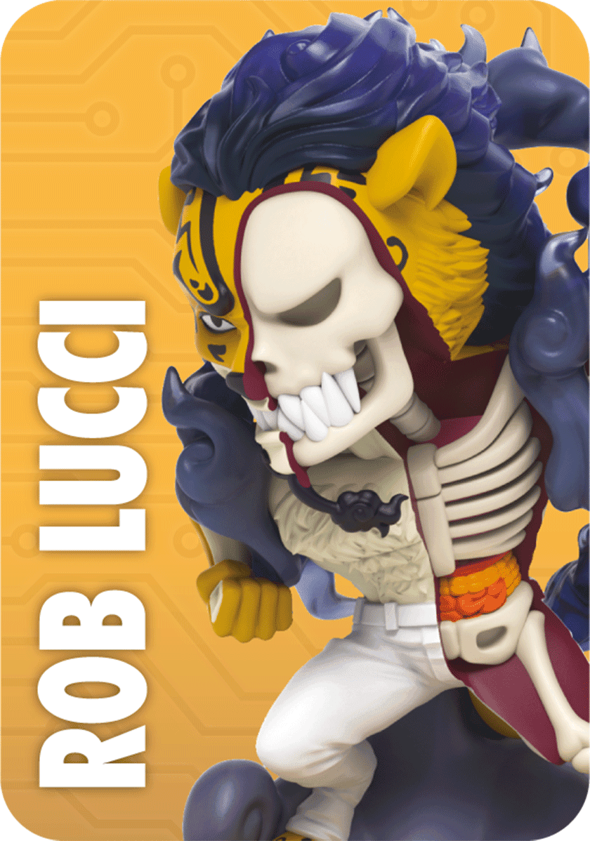 Rob Lucci Anatomy by Jason Freeny figure; half normal, half skeleton, tiger stripes, blue mane, in a dynamic crouching pose.