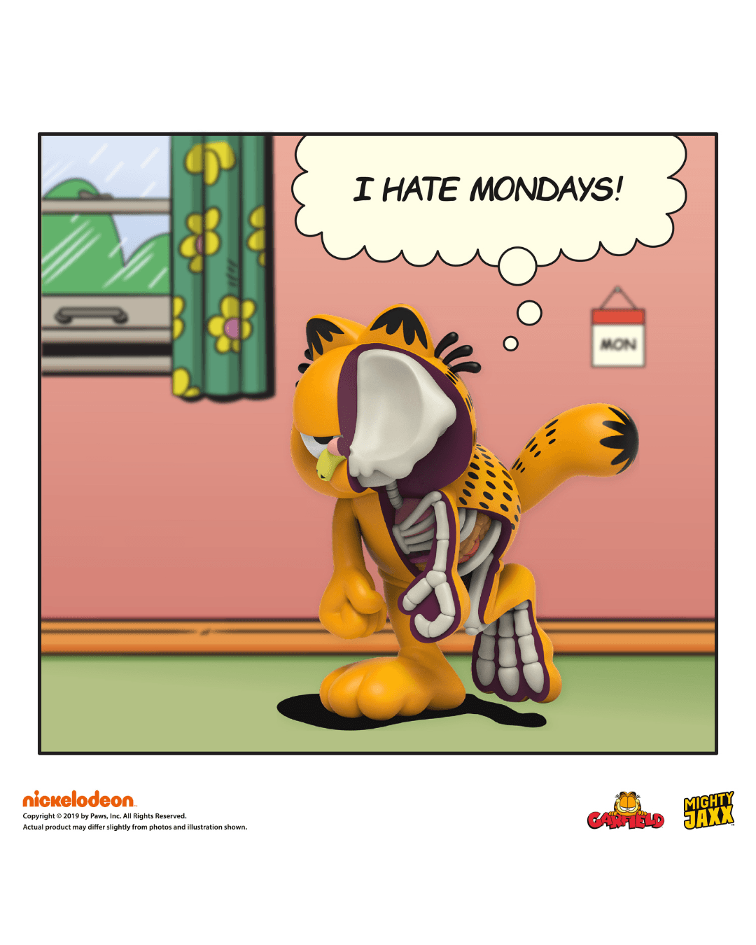 Garfield figure, half skeletal, walking slouched and thinking "I HATE MONDAYS!" in a comic style room.