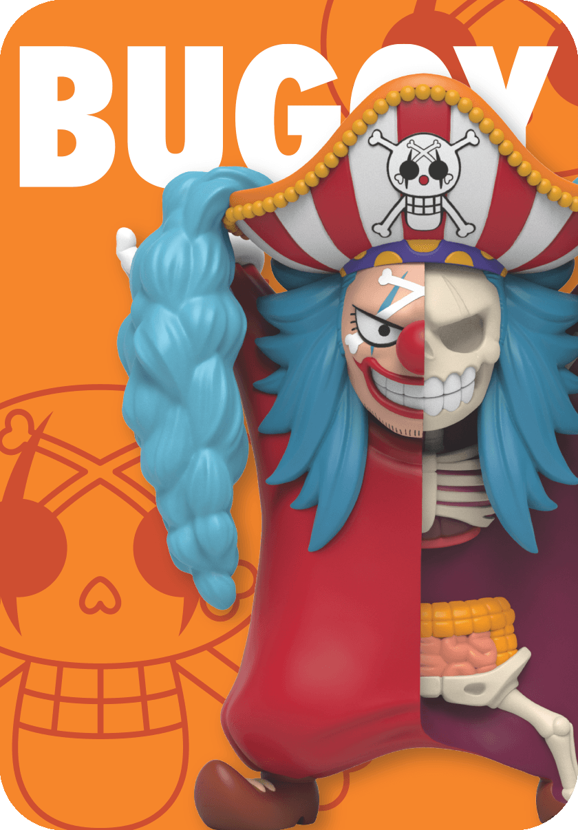 Buggy from One Piece figurine, half clown and half skeleton, wearing a pirate hat with arms outstretched to the sky.