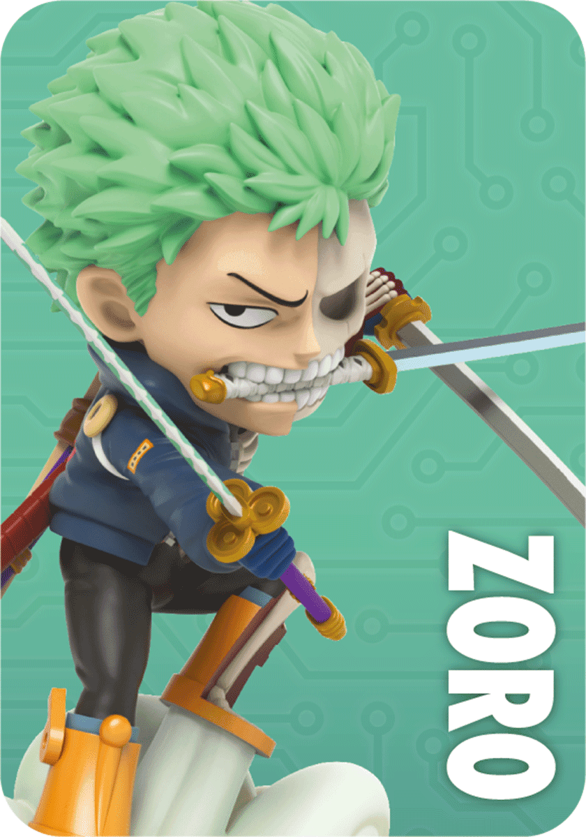 Zoro Hybrid figure with green hair, holding swords, half-human and half-skeleton face in a determined stance.