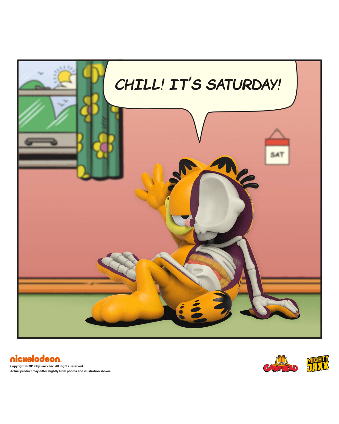 Garfield figure, half skeletal, lounging with half lidded eyes and thinking "Chill! It's Saturday!" in a comic style room.