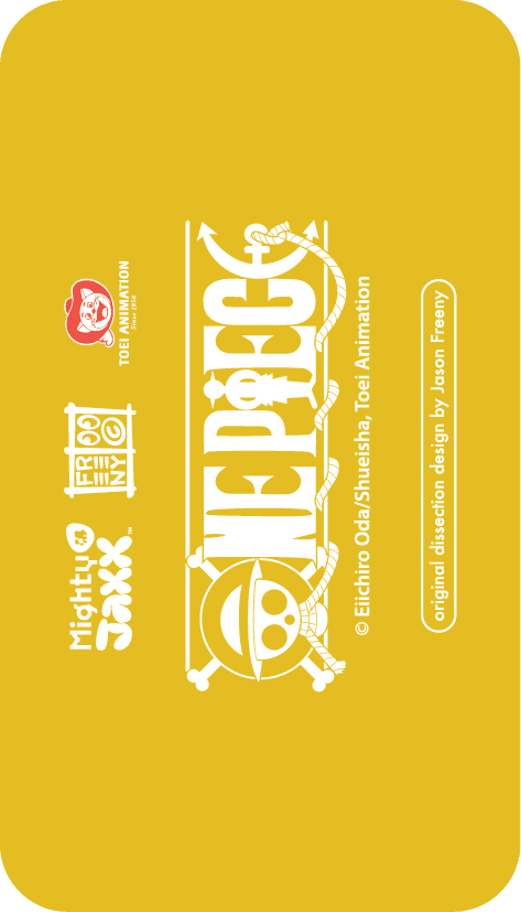 One Piece x Mighty Jaxx logo card with skull emblem, Toei Animation branding and artist Jason Freeny credits