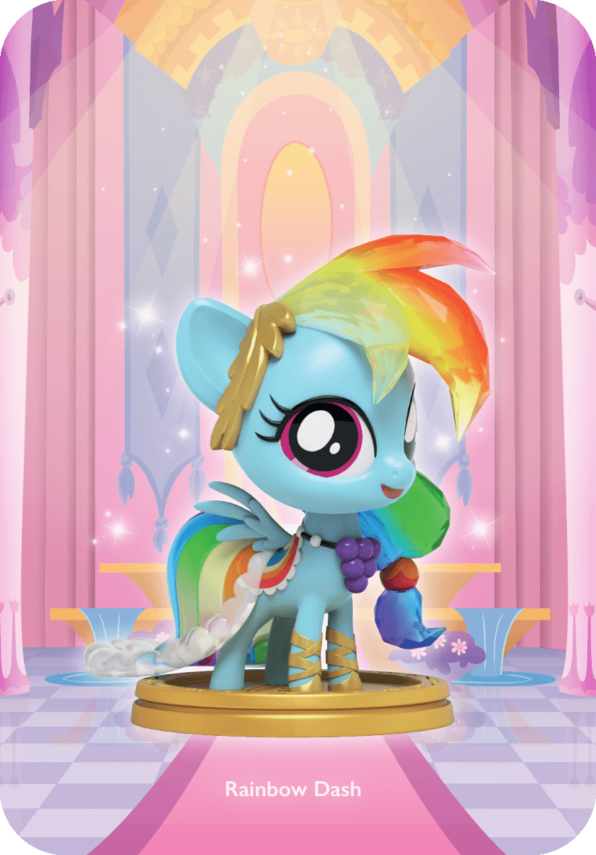 Rainbow Dash figure in a white and gold gala outfit with rainbow mane, wings spread in a pastel hall.