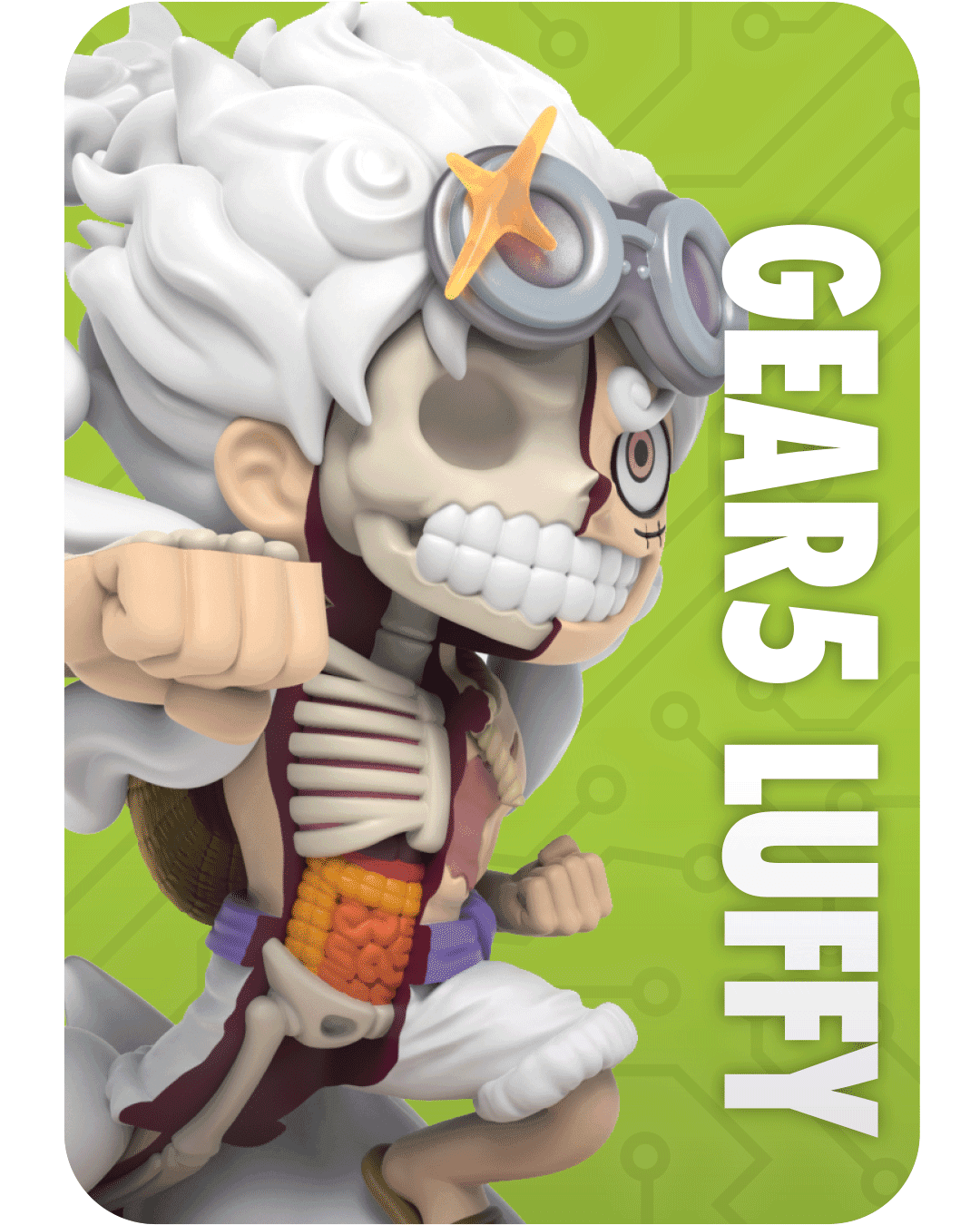 Mighty Jaxx figure of Gear 5 Luffy with goggles, running pose. Half of the figure shows the skeleton and internal organs.