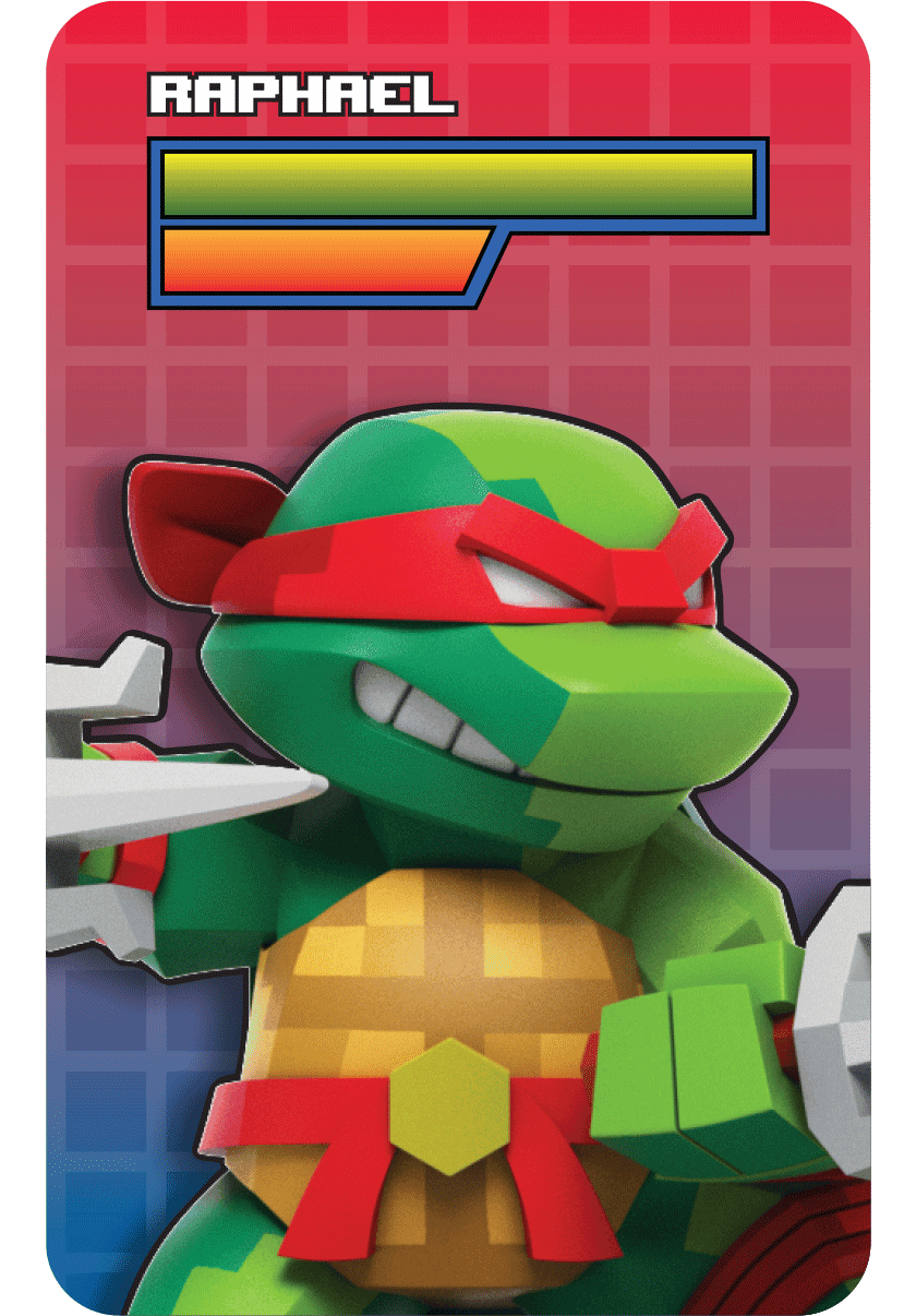 Pixelated Raphael blind box figurine with red bandana and twin sais, posed dynamically on a colorful backdrop.
