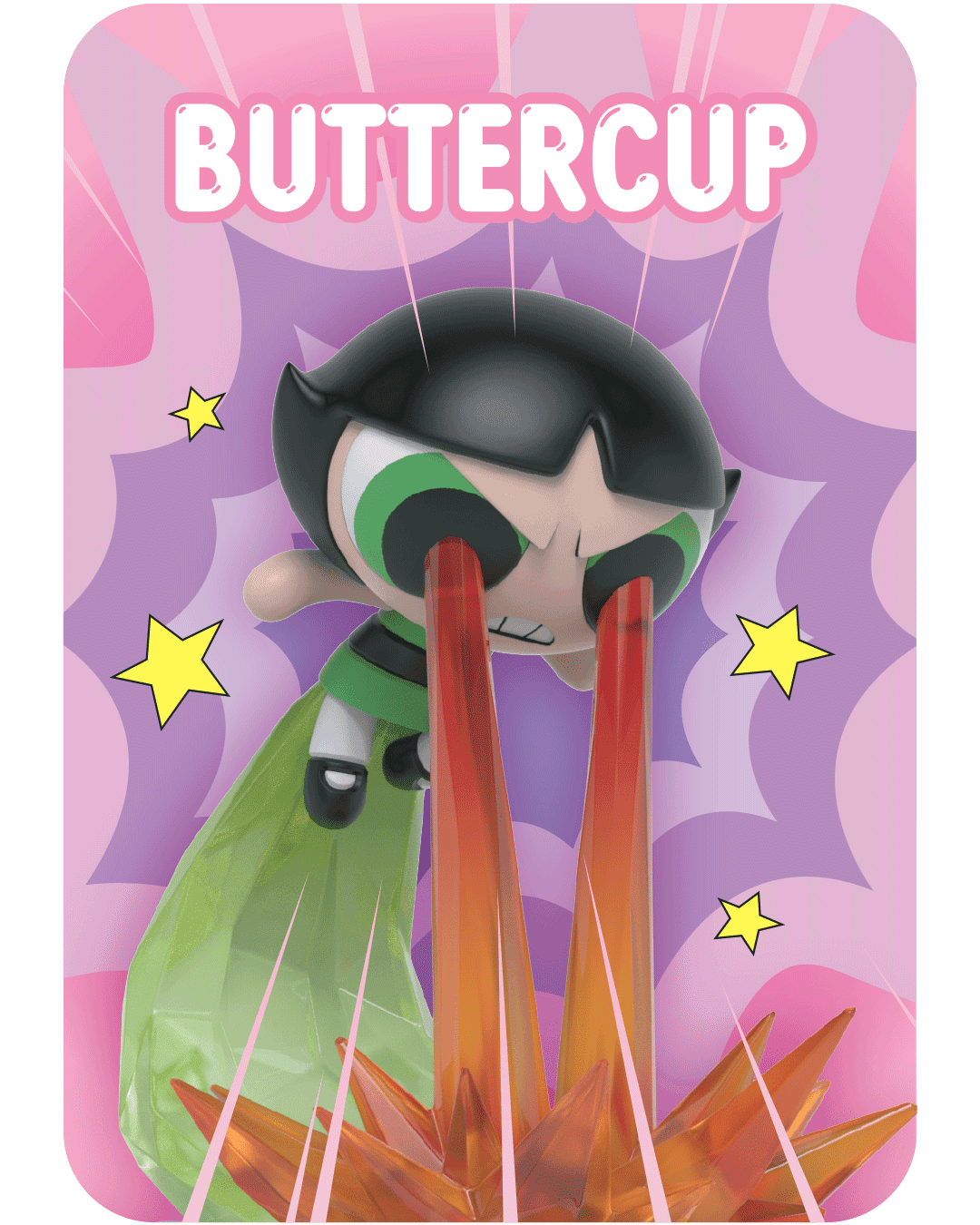 Buttercup figure, shooting red and orange beams from her eyes with a dynamic, fierce expression and translucent cape.