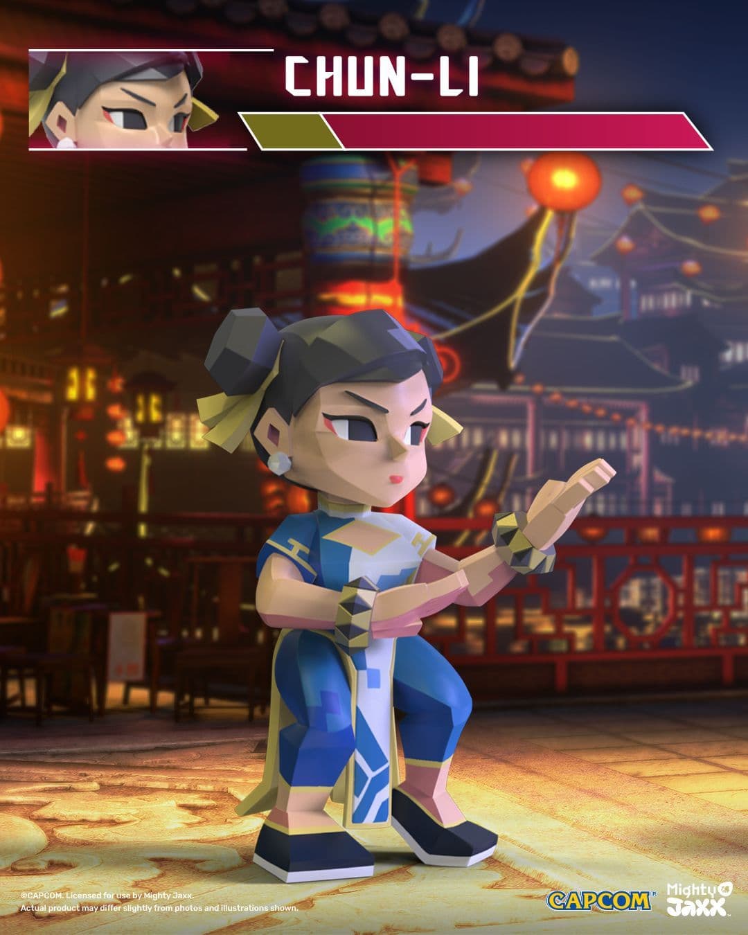 Chun-Li figure mid-kick in blue qipao, poised to attack under warm lantern lights with a temple backdrop.