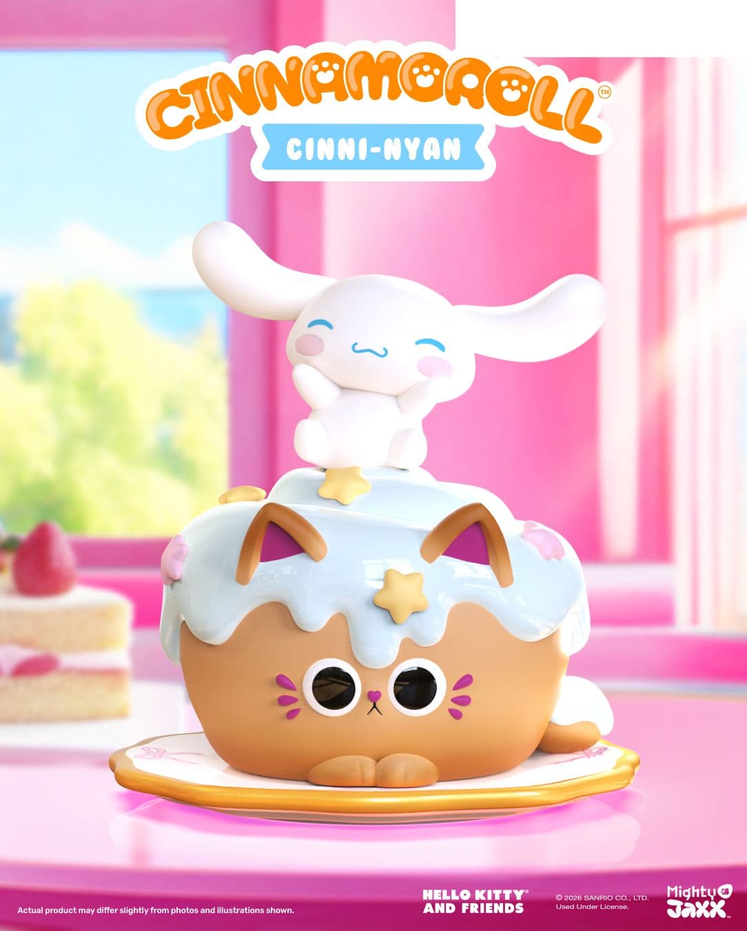 Cinnamoroll Cinni-Nyan figure by Mighty Jaxx, featuring Cinnamoroll sitting atop a pastel cat-shaped cupcake pastry.