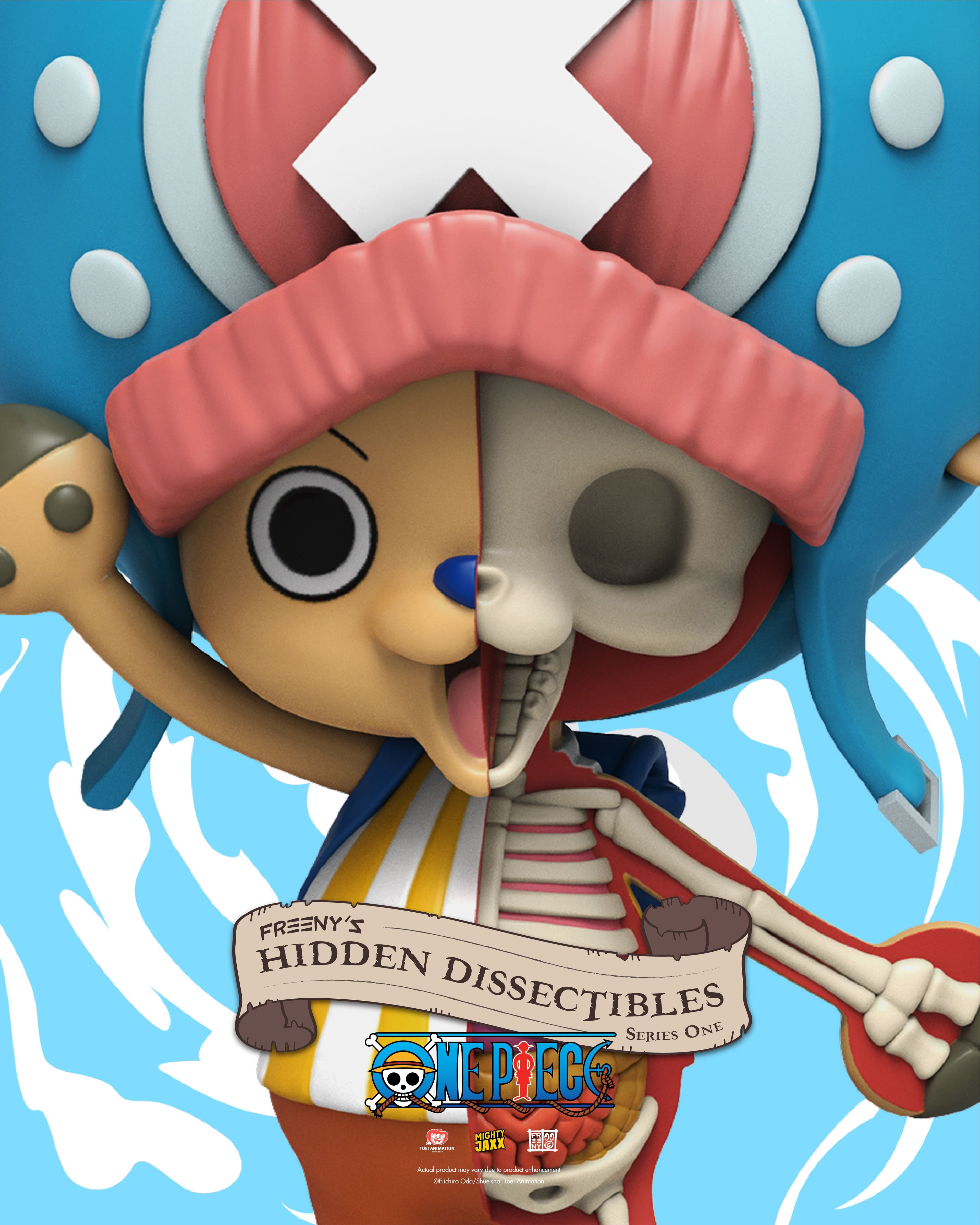 Chopper One Piece blind box collectible in Jason Freeny’s dissected style, smiling warmly with reindeer hat and charm.