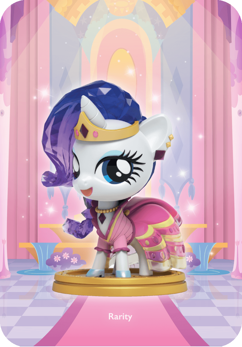 Rarity figure in a pink and gold gown with tiara, with purple mane, posing elegantly on a gold base in a pastel hall.