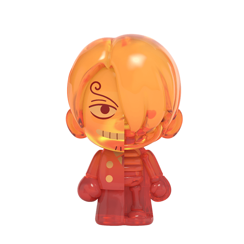 Translucent orange Mighty Jaxx Freeny's Hidden Dissectibles Sanji figure from One Piece showing his anatomical skeleton.