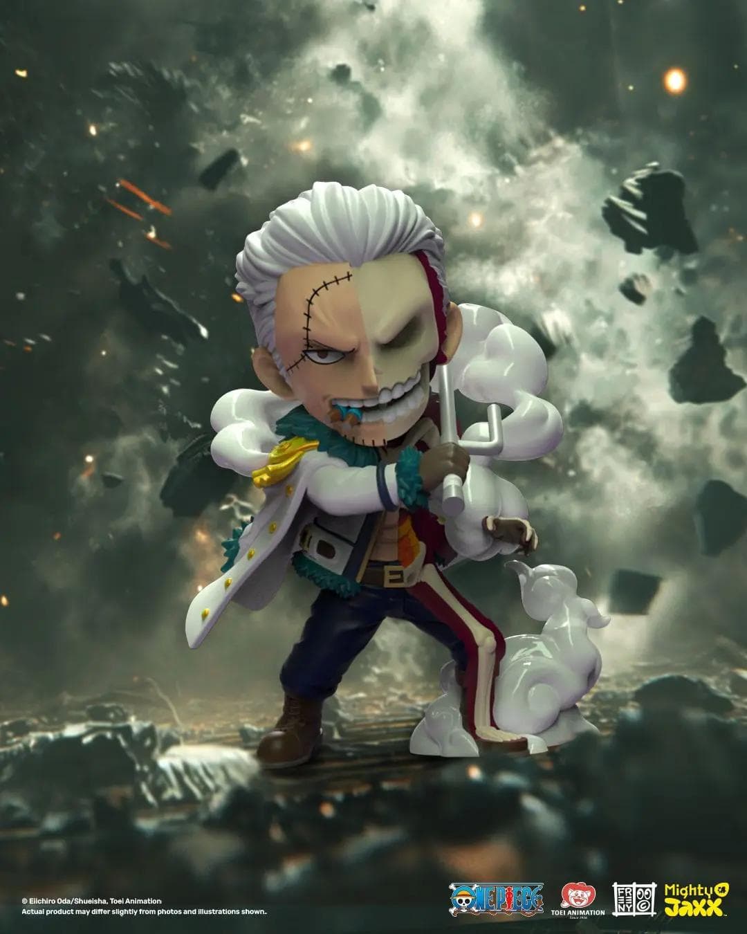 Smoker figure, half-skeletal, white-haired with smoke swirling around him, holding a jitte in a battle-damaged scene.