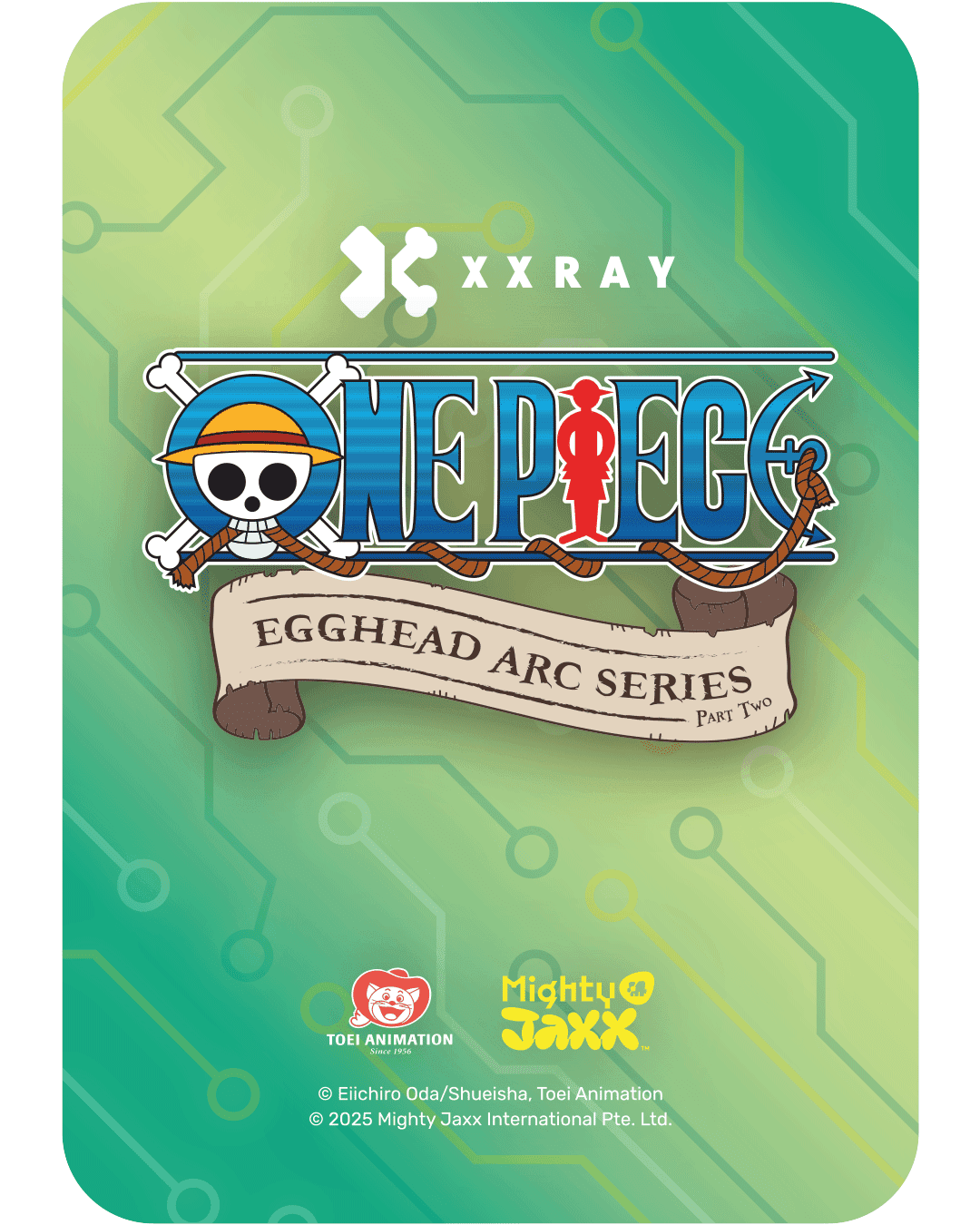XXRAY Egghead Arc Series Part Two design featuring the One Piece logo and Jolly Roger on a green circuit background.