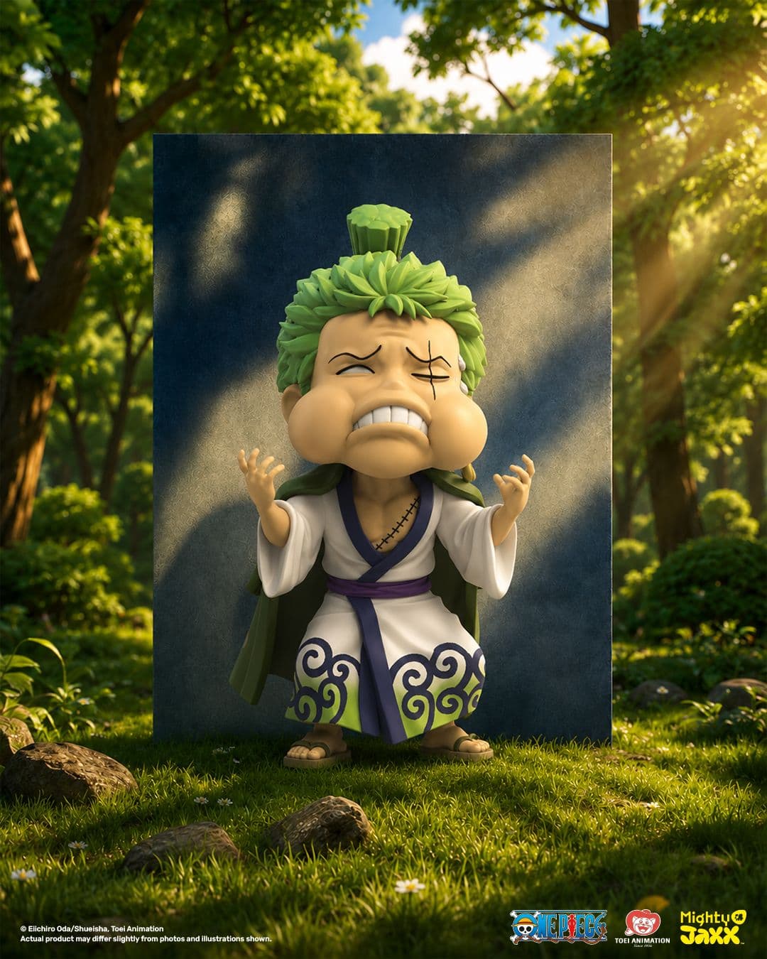 Collectible Zoro figure grimacing with clenched fists, spiky green hair, white and green kimono, forest backdrop scene.
