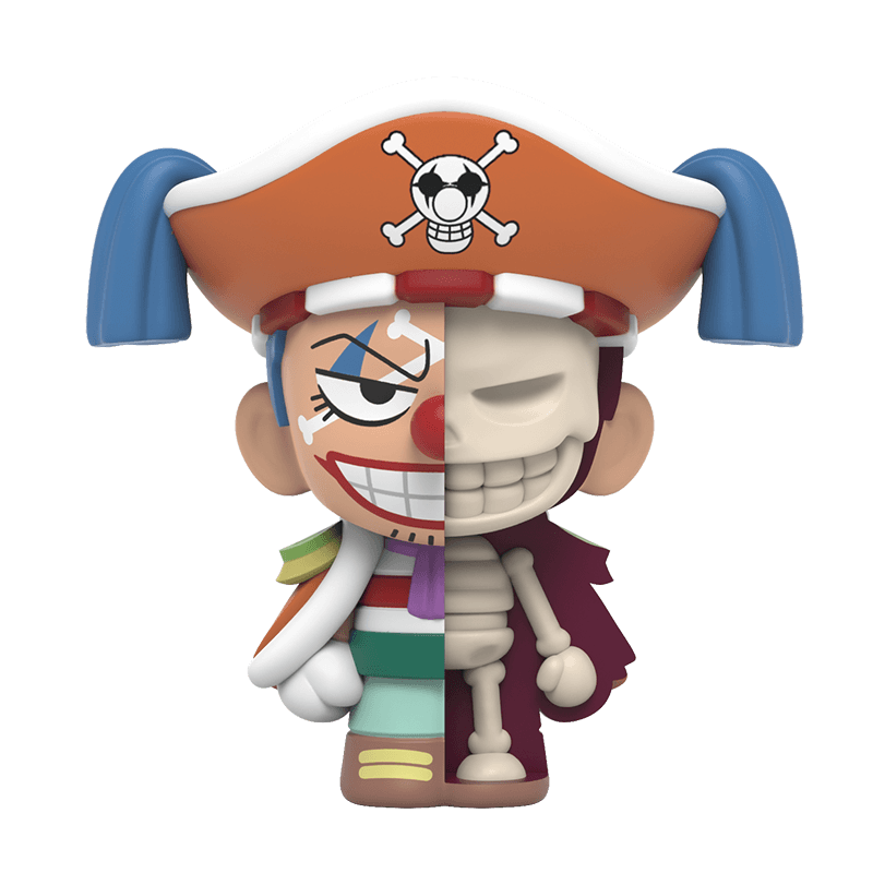 Buggy figure in a half-dissected style, showing a colorful pirate outfit on one side and a skeleton on the other.