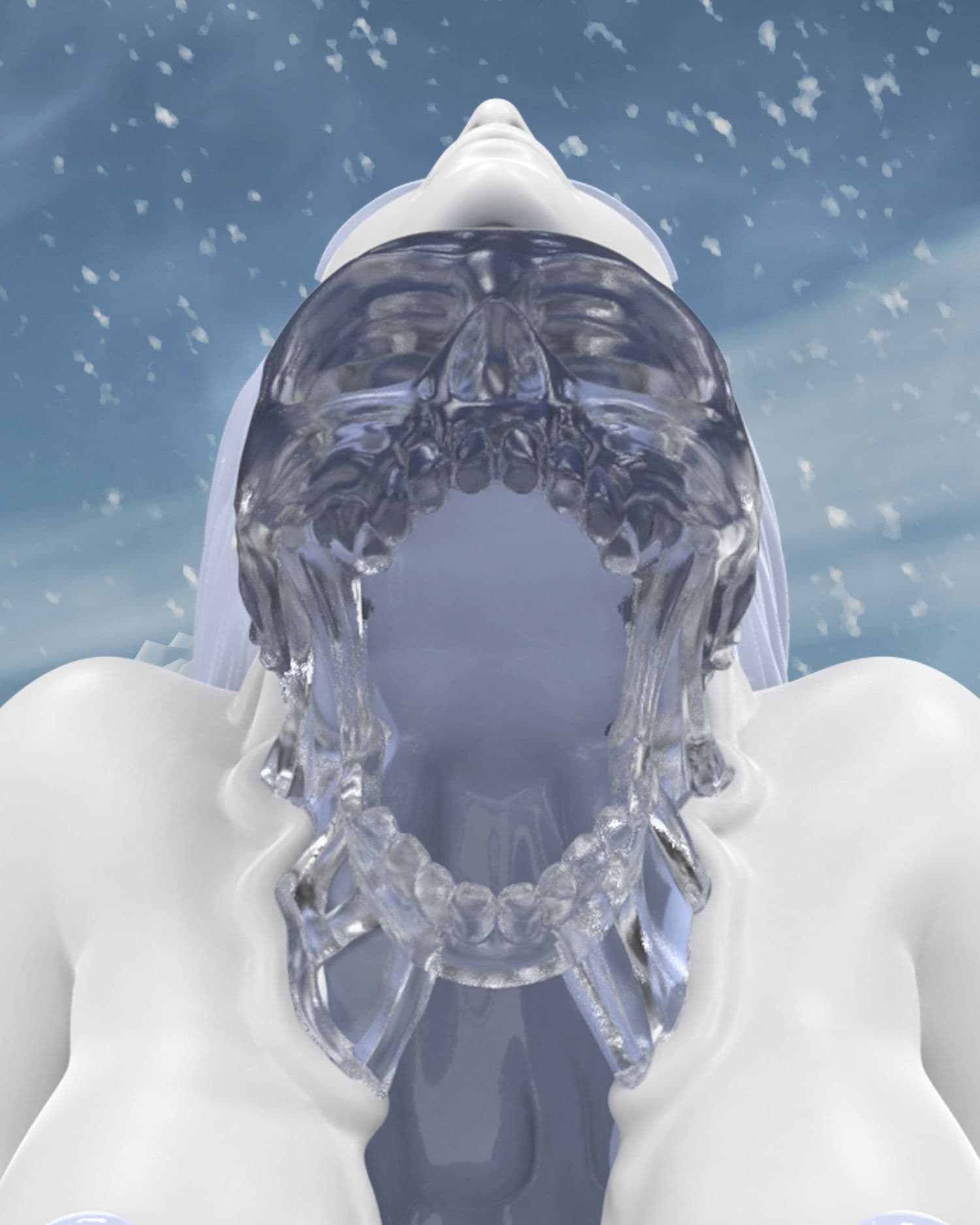 Close-up highlighting translucent icy anatomy of a skull emerging from the female's chest, below her head tilted backwards