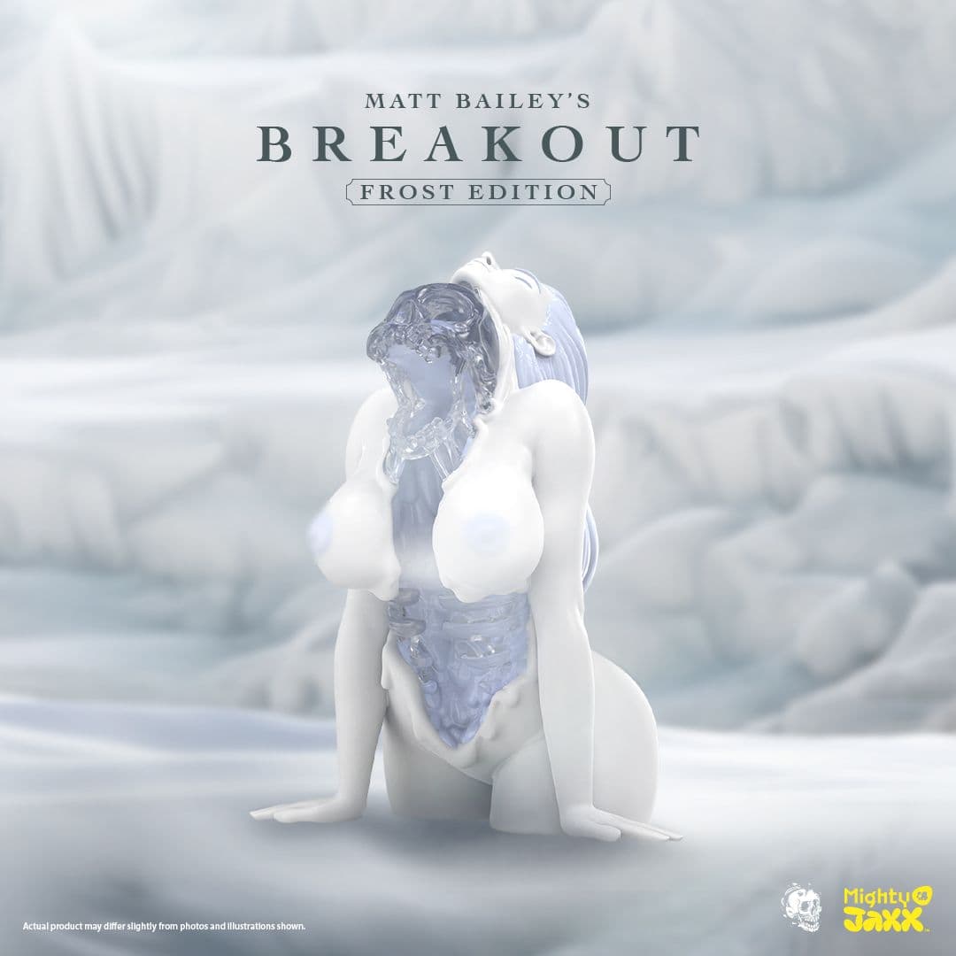 Art figure depicting a frosted female form in icy landscape, with translucent icy torso emerging from the open chest cavity.