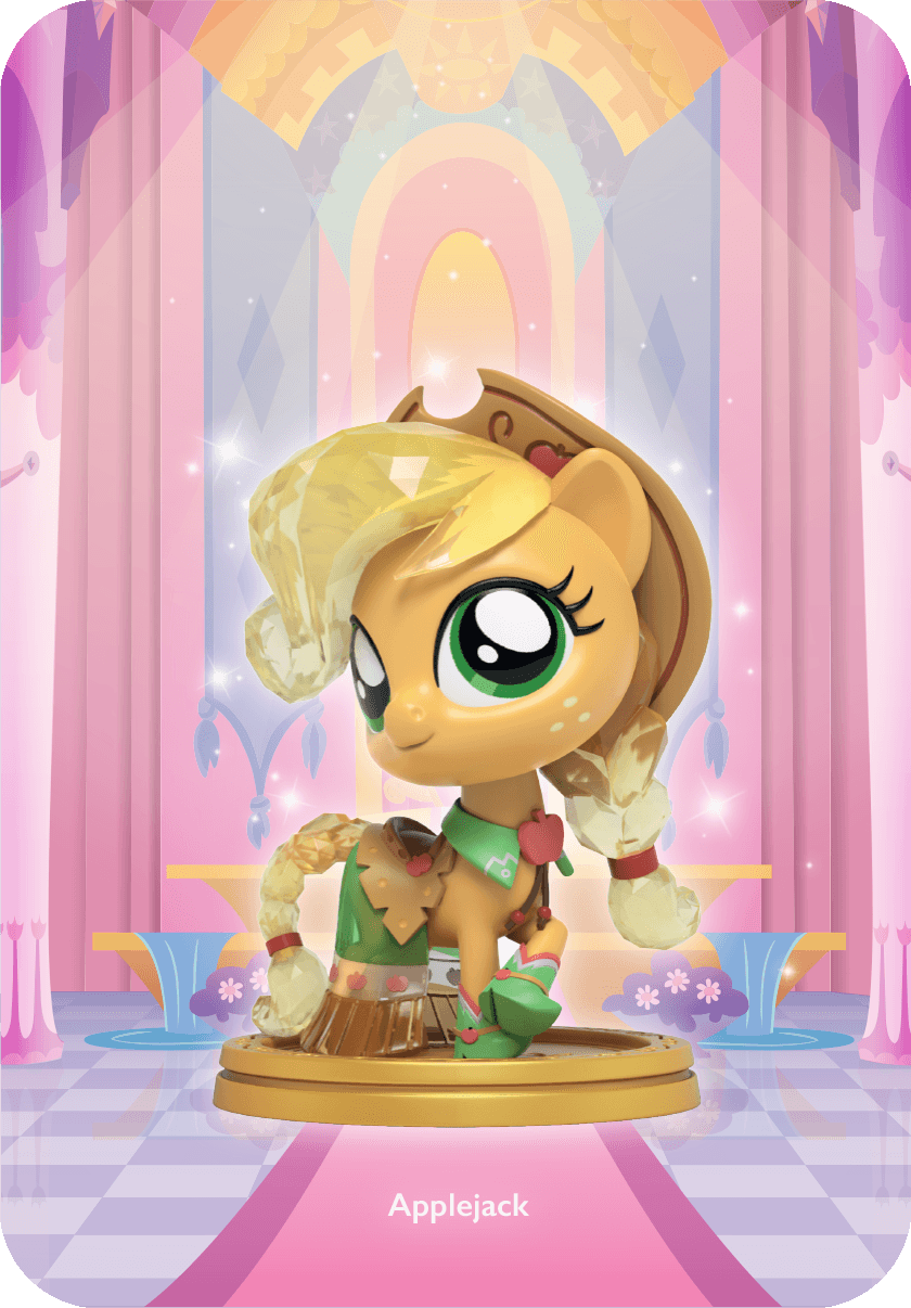Applejack figure in a gala outfit with braided mane and hat, standing on a gold base in a pastel hall background.