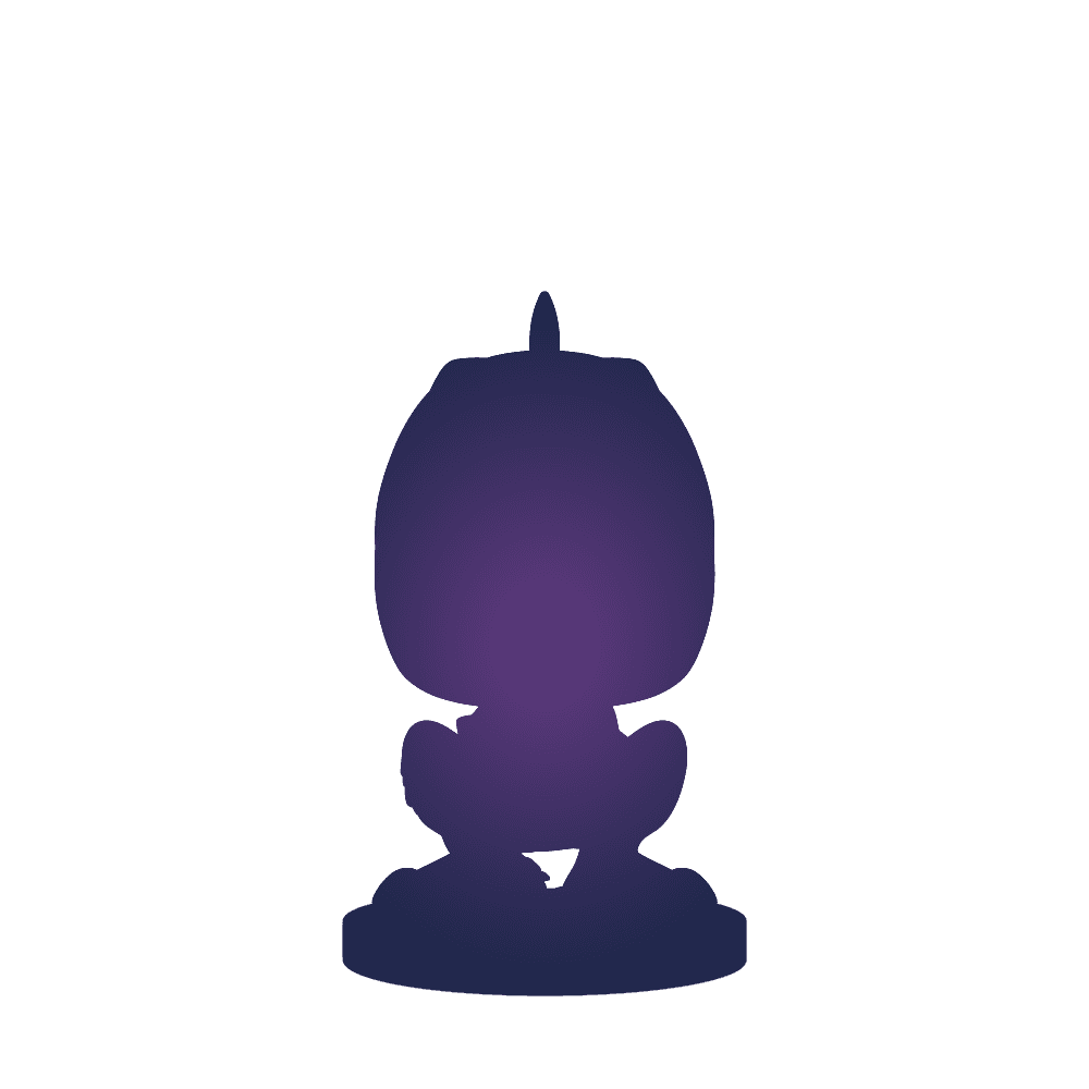 Silhouette of a Mighty Jaxx figure against a dark purple gradient background. The figure has a rounded body and a small antenna.