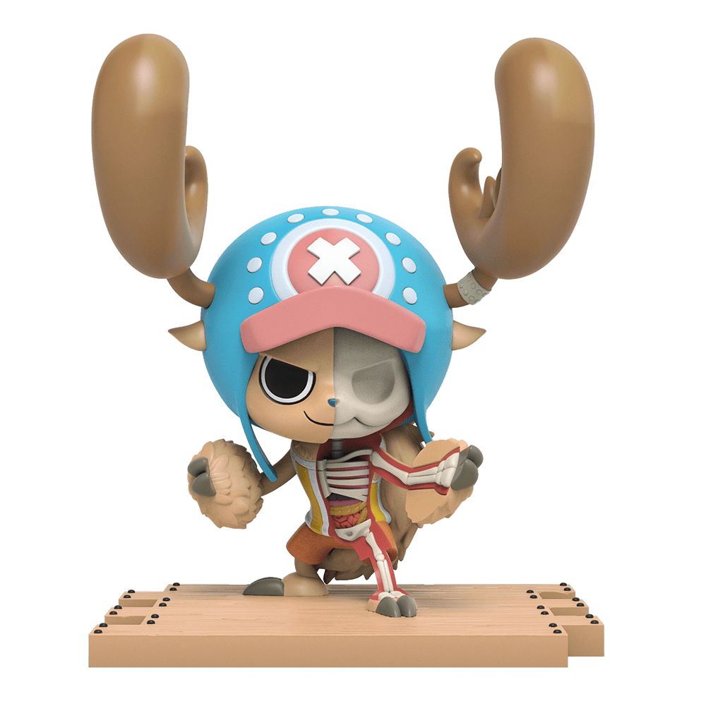 Chopper with huge curved antlers in fighting stance; right half shows skull, ribs, muscle, and leg bones.