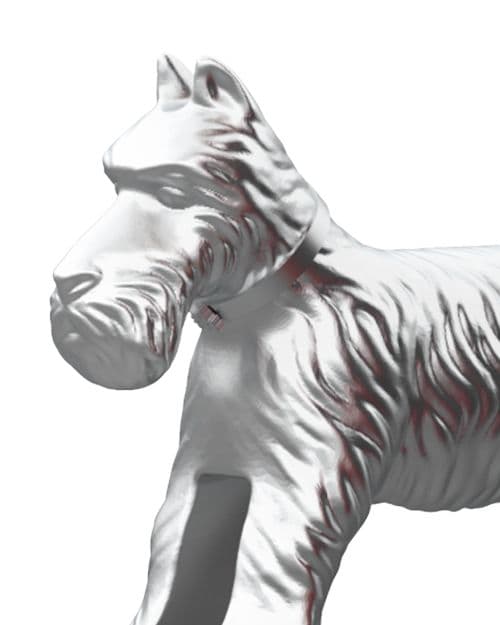 Close-up of metallic Scottie Dog companion with sculpted fur texture and collar beside Mr. Monopoly.