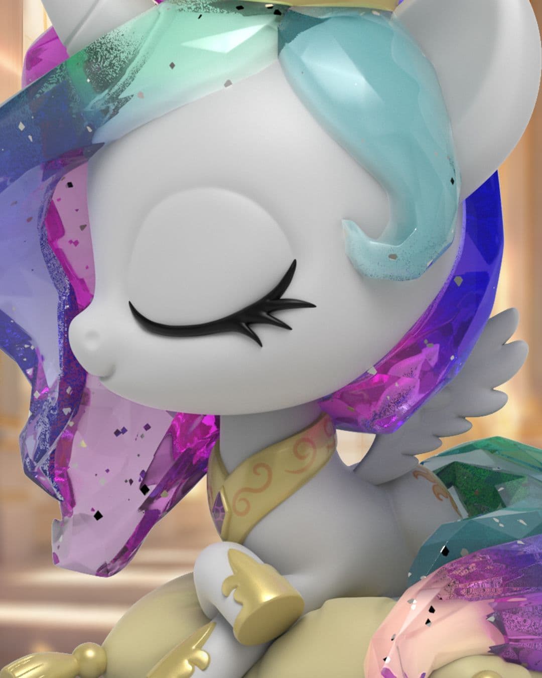 Side view of Princess Celestia with blue and purple hair, gold hooves, closed eyes, and regal, serene posture.